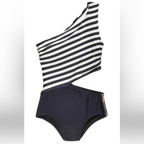 MICHAEL Michael Kors Stripe One Shoulder Cut Out One Piece L76543 Size 6. - Picture 3 of 10